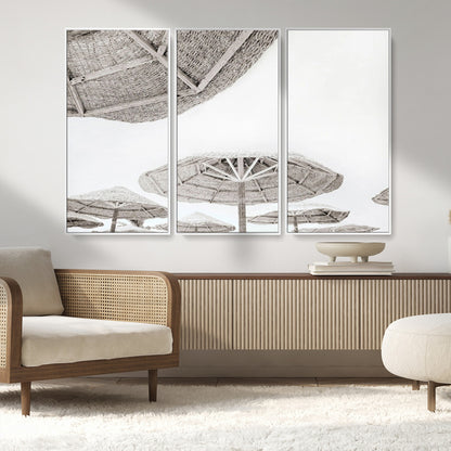 97043123-MGV-FC-48X32-3P_White-Beach Umbrella Wall Art – Minimalist Coastal Canvas Print, Woven Parasol Summer Decor for Bedroom, Living Room, or Modern Beach
