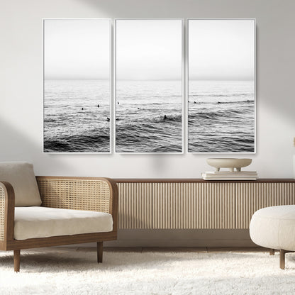 47208268-MGV-CV-36X24-Surfer Ocean Wall Art – Black and White Coastal Canvas Print, Minimalist Surfing Seascape Decor for Living Room, Bedroom, or Beach