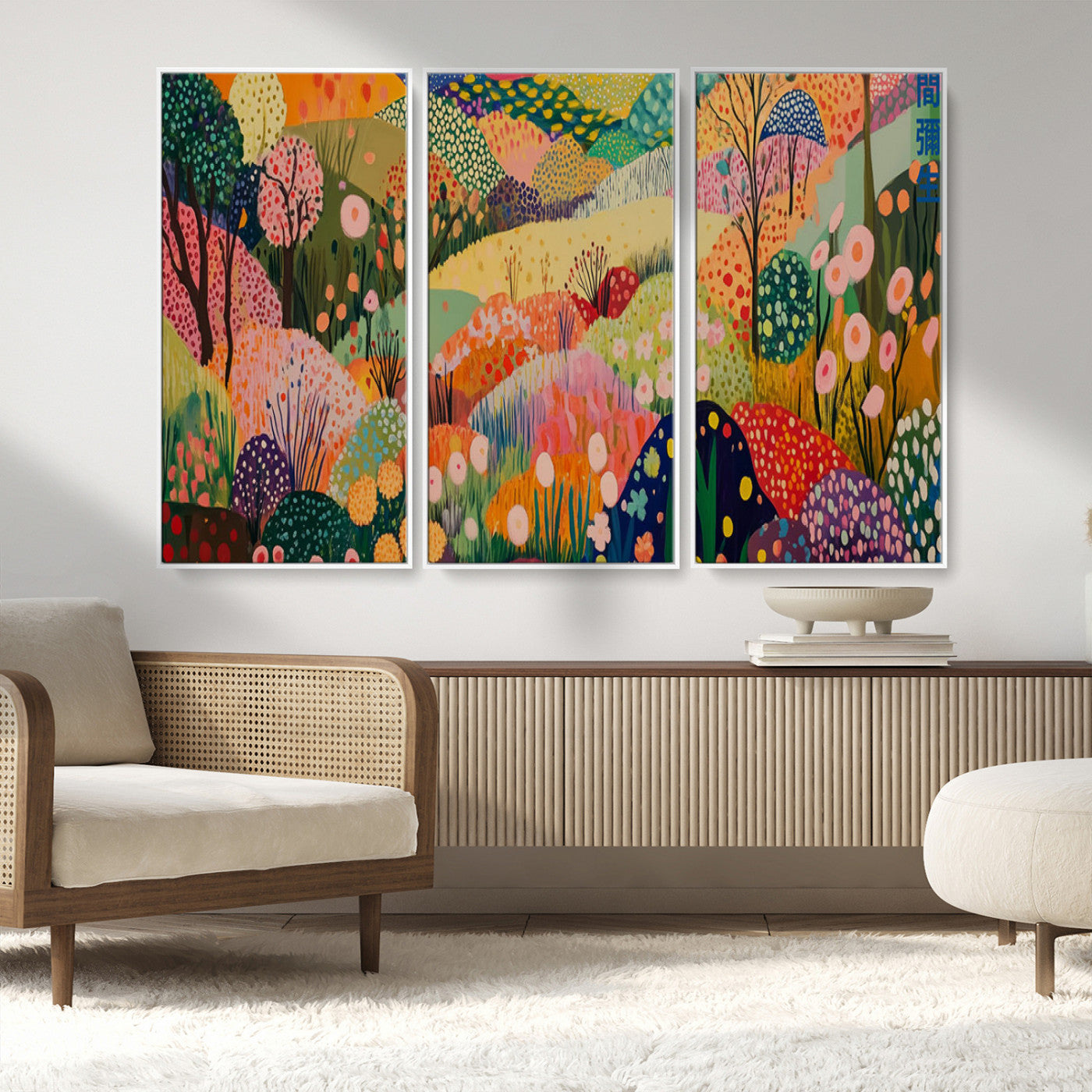 79636380-MGV-CV-36X24-Colorful Abstract Landscape Wall Art – Vibrant Hills and Flowers Canvas Print, Modern Whimsical Artwork for Living Room, Bedroom,