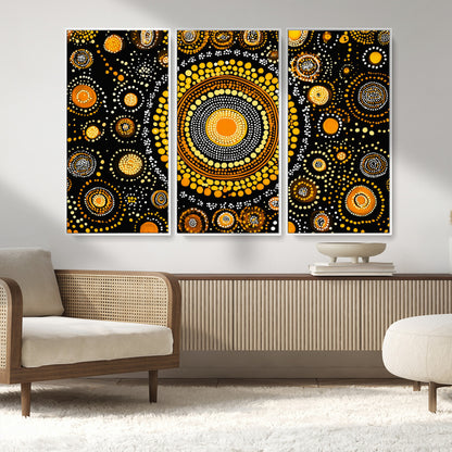 45478523-MGV-CV-36X24-Abstract Circle Wall Art – Bold Black and Gold Dot Painting Canvas Print, Modern Geometric Mandala Style Decor for Living Room or