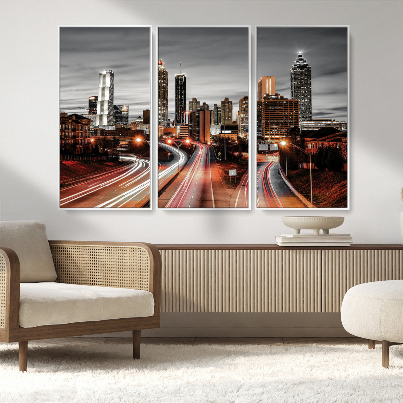 59097239-MGV-FC-48X32-3P_White-City Skyline Wall Art – Modern Black and White Night Canvas Print with Red Light Trails, Urban Landscape Decor for Living Room or