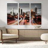 59097239-MGV-FC-48X32-3P_White-City Skyline Wall Art – Modern Black and White Night Canvas Print with Red Light Trails, Urban Landscape Decor for Living Room or