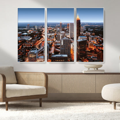 25096967-MGV-FC-48X32-3P_White-Atlanta Skyline Wall Art – Vibrant Cityscape Canvas Print, Modern Night Lights Urban Decor for Office, Living Room, or Apartment