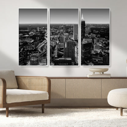 46578567-MGV-CV-36X24-Atlanta Skyline Wall Art – Black and White Cityscape Canvas Print, Modern Urban Night Decor for Office, Living Room, or Apartment