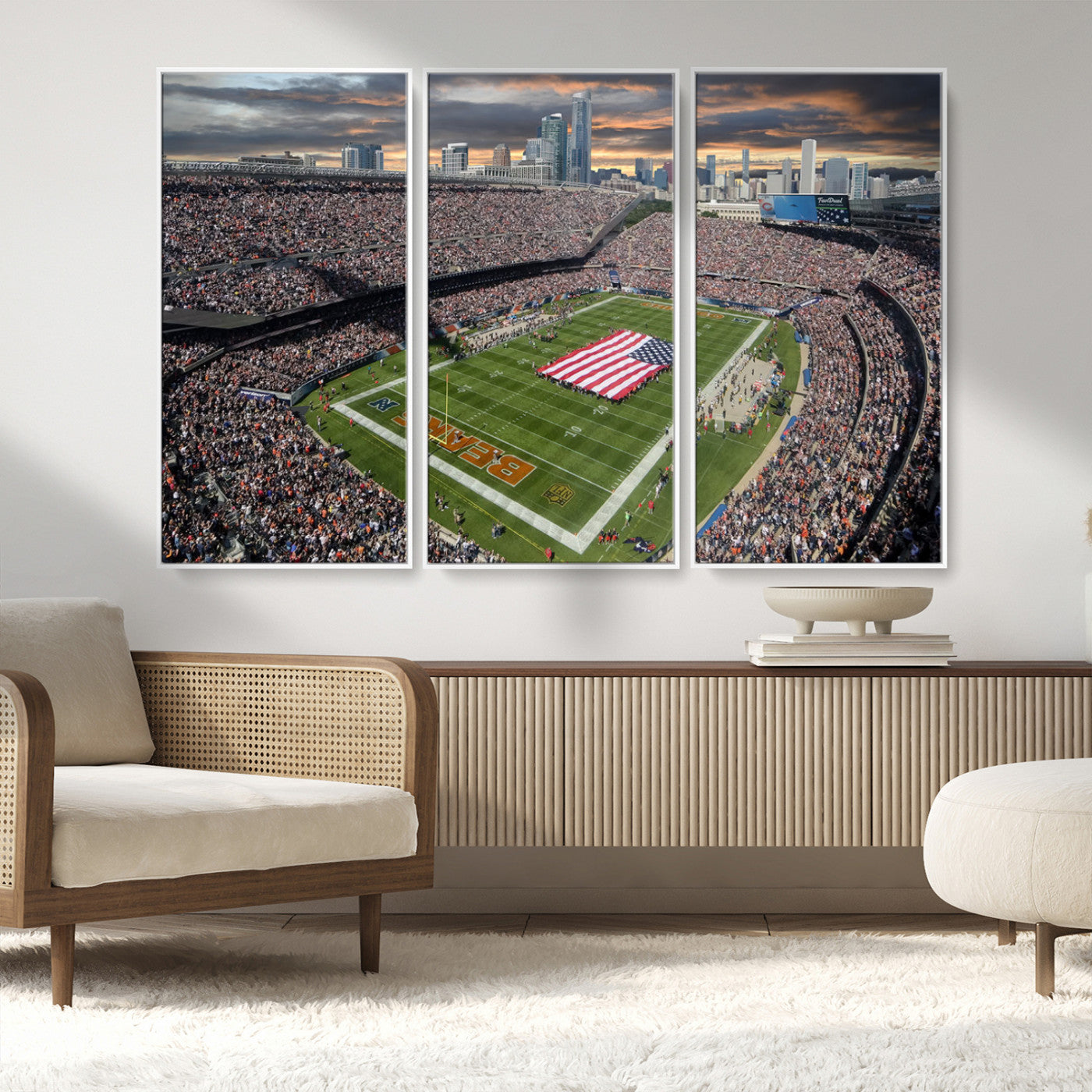 98106777-MGV-FC-48X32-3P_White-Soldier Field Wall Art – Chicago Bears Stadium Canvas Print with American Flag, Game Day Football Decor for Man Cave, Bar, or