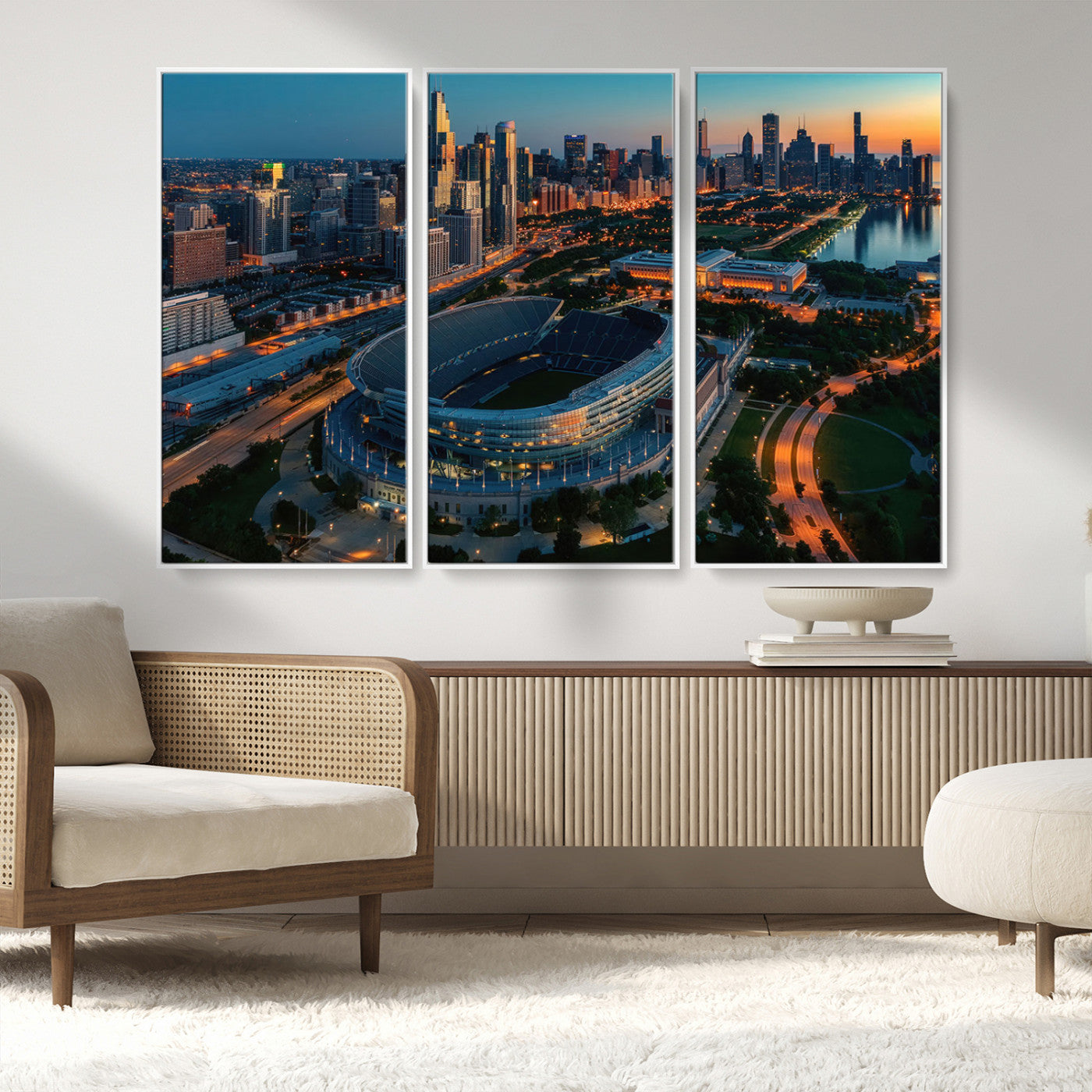 36690345-MGV-CV-36X24-Soldier Field Wall Art – Chicago Bears Stadium Aerial Night Canvas Print, City Skyline Football Decor for Living Room, Office, or