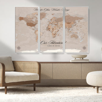 95243244-MGV-CV-36X24-Wander Often Wonder Always World Map Wall Art – Neutral Beige Adventure Canvas Print, Rustic Boho Travel Decor for Bedroom, Living