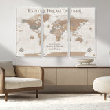 63516865-MGV-FC-48X32-3P_White-Explore Dream Discover World Map Wall Art – Inspirational Travel Adventure Canvas Print, Neutral Parchment Style Explorer Decor