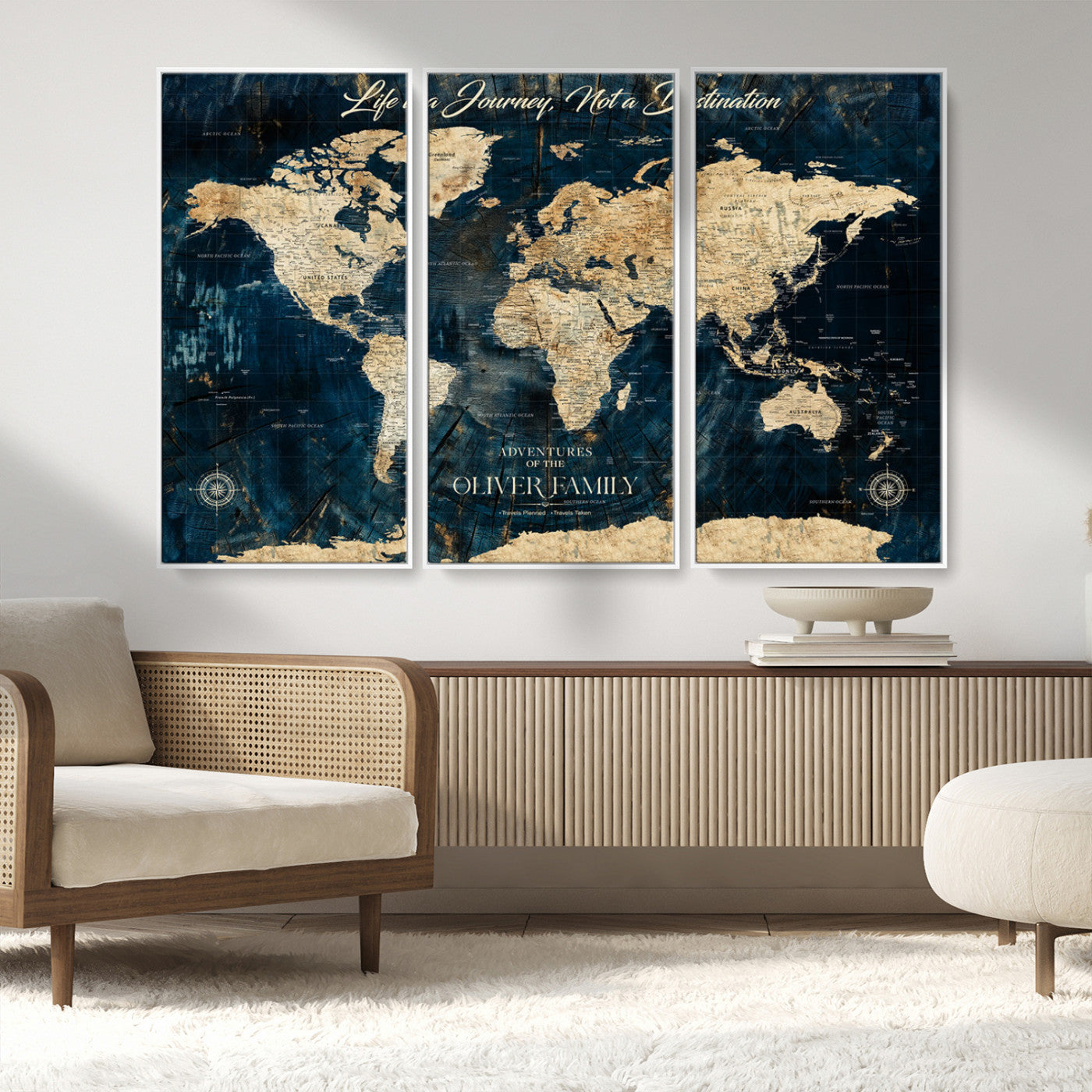 36970886-MGV-CV-36X24-Life is a Journey Not a Destination World Map Rustic Navy Beige Vintage Travel Wall Art Adventure Quote Canvas Print for Home