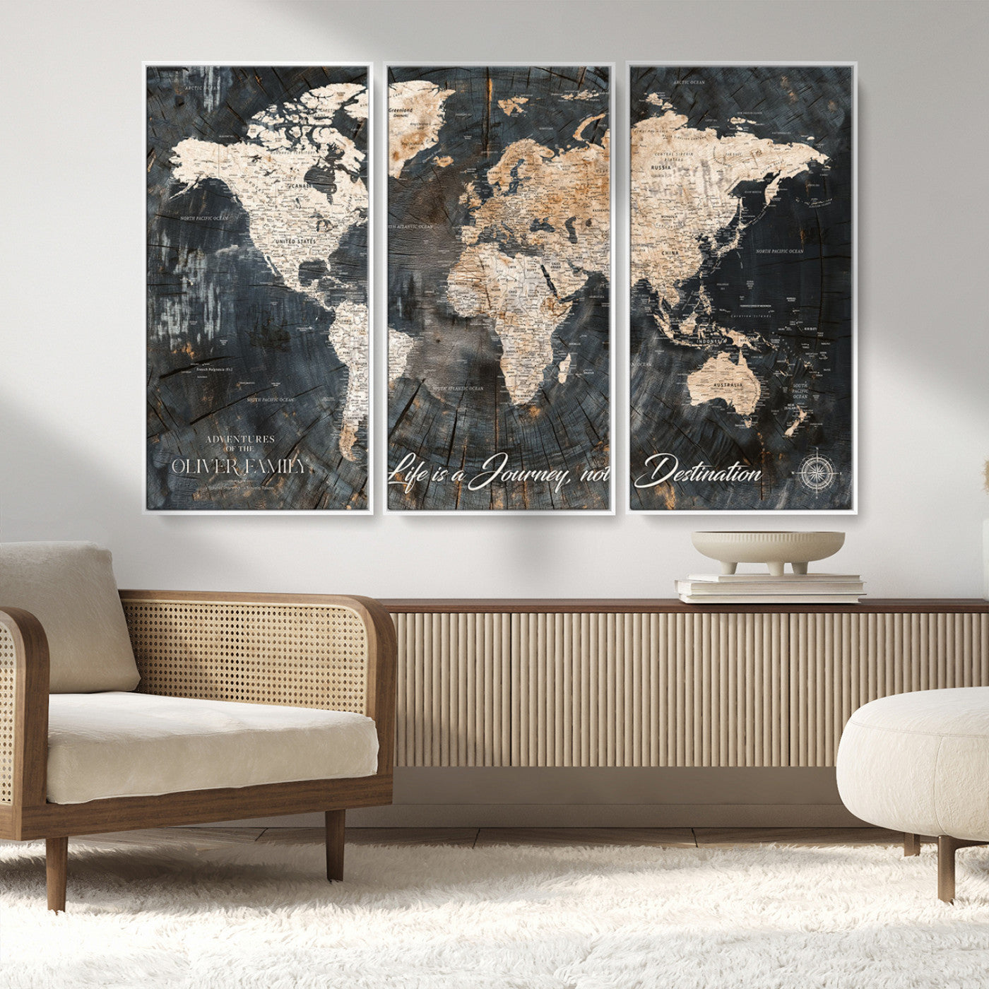 37848568-MGV-FC-48X32-3P_White-Life is a Journey Not a Destination World Map Rustic Wood Texture Vintage Beige Navy Adventure Wall Art Canvas Print for Home