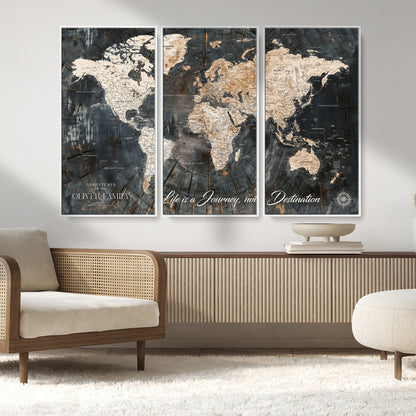 37848568-MGV-FC-48X32-3P_White-Life is a Journey Not a Destination World Map Rustic Wood Texture Vintage Beige Navy Adventure Wall Art Canvas Print for Home