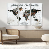 88337180-MGV-FC-48X32-3P_White-Little by Little One Travels Far Tolkien Quote World Map Rustic Black Brown Adventure Wall Art Canvas Print for Home Office Living