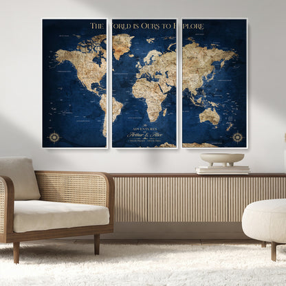 54782997-MGV-FC-48X32-3P_White-The World is Ours to Explore Wall Art – Blue World Map Canvas Print, Adventure Travel Decor for Home, Office or Living Room,