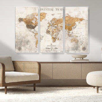 99422096-MGV-FC-48X32-3P_White-Adventure Awaits World Map Wall Art – Neutral Beige Canvas Print, Modern Travel Inspired Wall Decor for Living Room, Bedroom or
