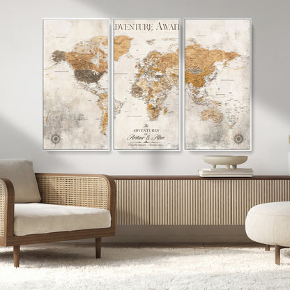 99422096-MGV-FC-48X32-3P_White-Adventure Awaits World Map Wall Art – Neutral Beige Canvas Print, Modern Travel Inspired Wall Decor for Living Room, Bedroom or