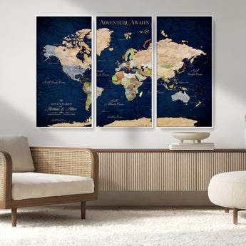 43160428-MGV-FC-48X32-3P_White-Adventure Awaits Navy Blue World Map – Vibrant Travel Canvas Wall Art, Antique Atlas Print, Wanderlust Decor for Home Office