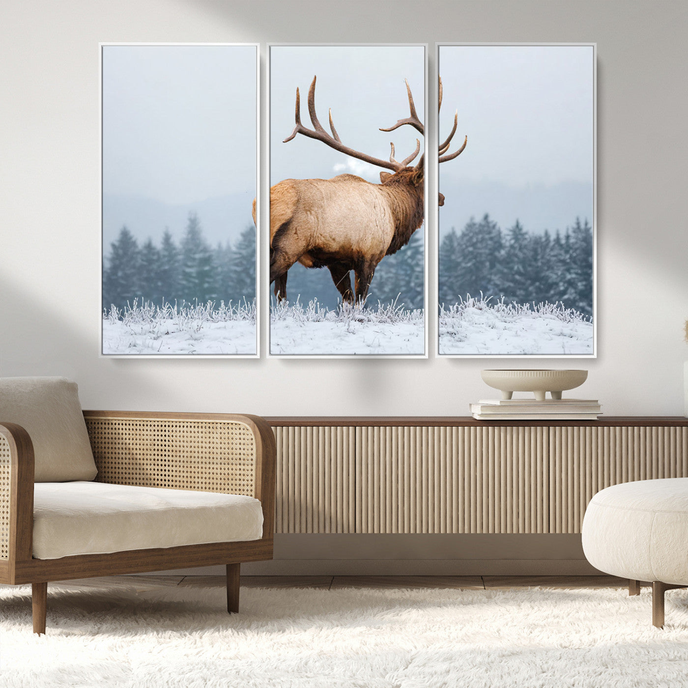 85177251-MGV-FC-48X32-3P_White-Elk Wall Art – Majestic Wildlife Canvas Print of Bull Elk Snowy Forest, Rustic Nature Decor for Living Room, Cabin, or Office