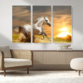 44295212-MGV-CV-36X24-Horse Wall Art – Running White Stallion Canvas Print with Sunset Background, Western Wildlife Decor for Living Room, Office, or