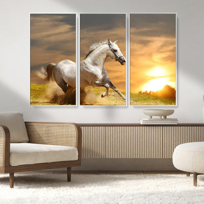 44295212-MGV-CV-36X24-Horse Wall Art – Running White Stallion Canvas Print with Sunset Background, Western Wildlife Decor for Living Room, Office, or