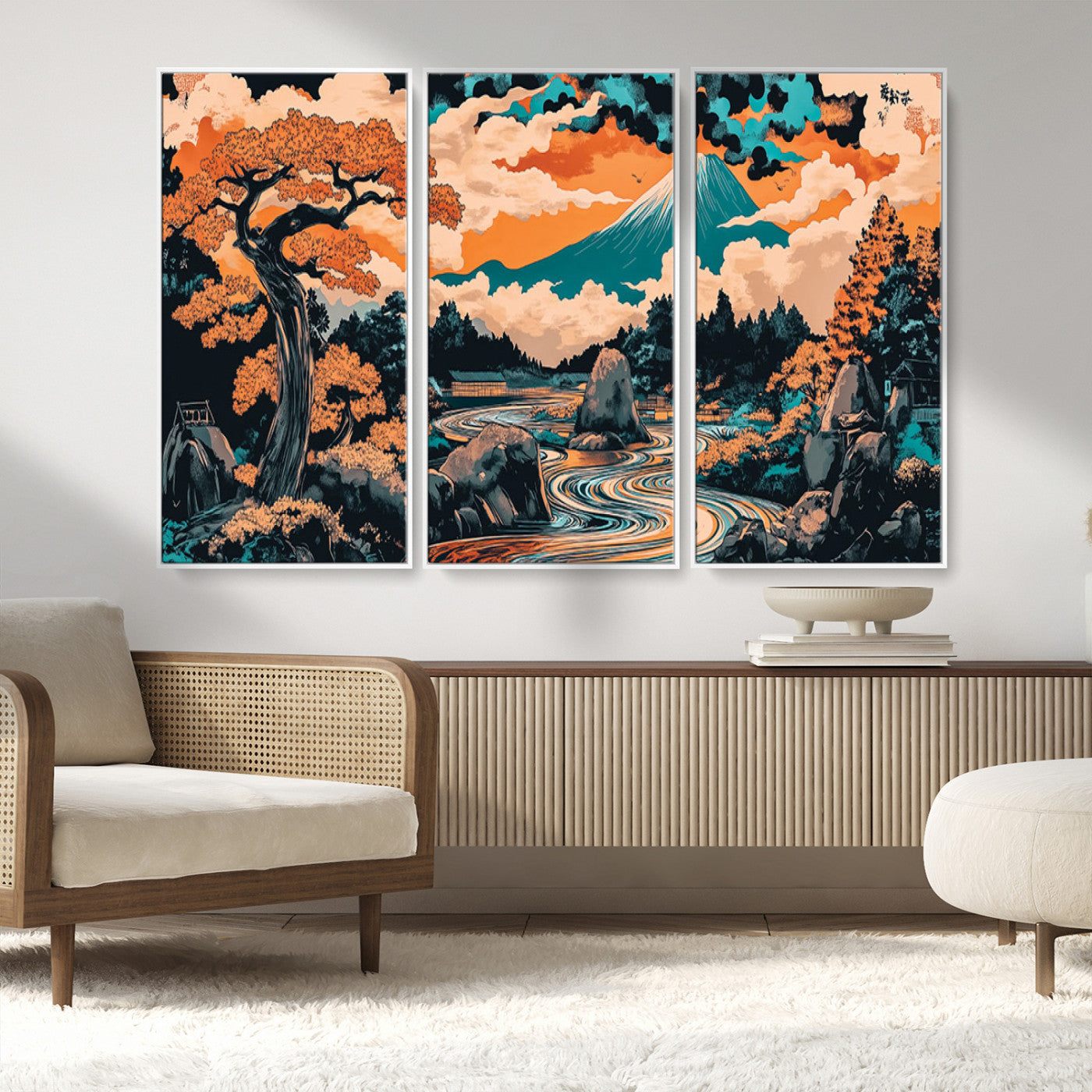 21638941-MGV-CV-36X24-Japanese Landscape Wall Art – Mount Fuji and Flowing River Ukiyo-e Style Canvas Print, Traditional Japan Inspired Artwork for