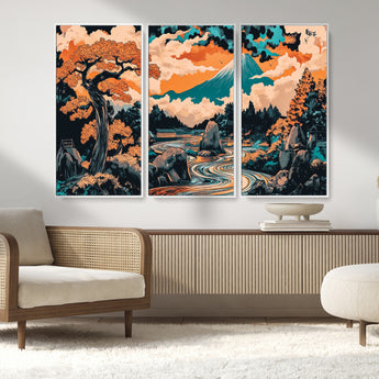 21638941-MGV-CV-36X24-Japanese Landscape Wall Art – Mount Fuji and Flowing River Ukiyo-e Style Canvas Print, Traditional Japan Inspired Artwork for