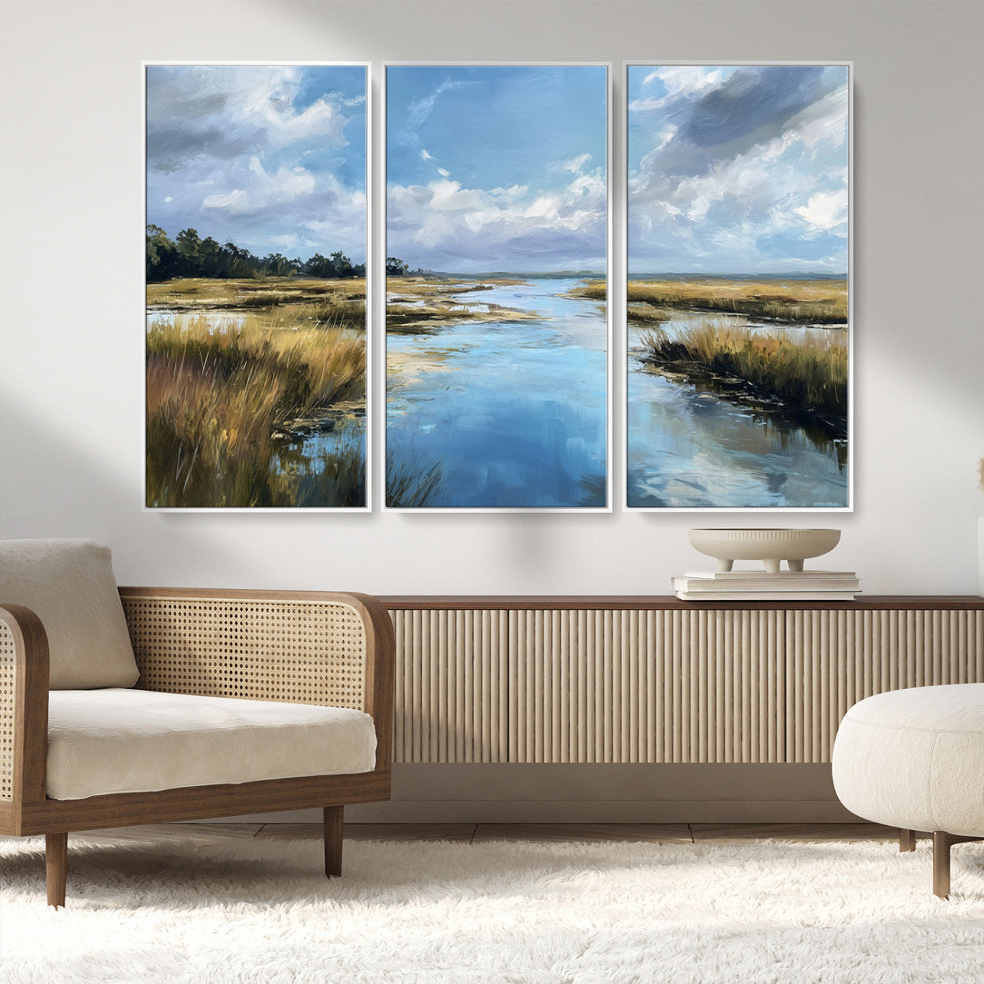 87082041-MGV-CV-36X24-Painted Marshland Canvas Wall Art – Serene Water Reflection, Blue Sky, Golden Grass Landscape, Calm Nature Decor for Home, Office,
