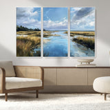 87082041-MGV-FC-48X32-3P_White-Marshland Landscape Wall Art – Serene Nature Canvas Print with Blue Sky and Reflections, Tranquil Scenic Painting for Living Room,