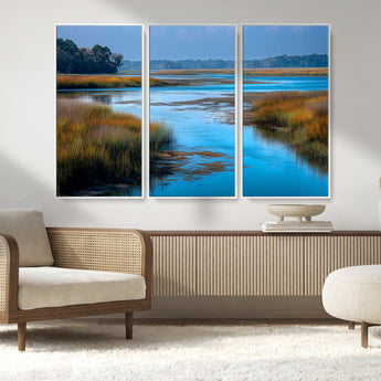 26300004-MGV-CV-36X24-Tranquil Marshland Canvas Wall Art – Blue Water, Reflective Sky, Golden Grasses, Calm Nature Landscape, Scenic Outdoor Beauty for