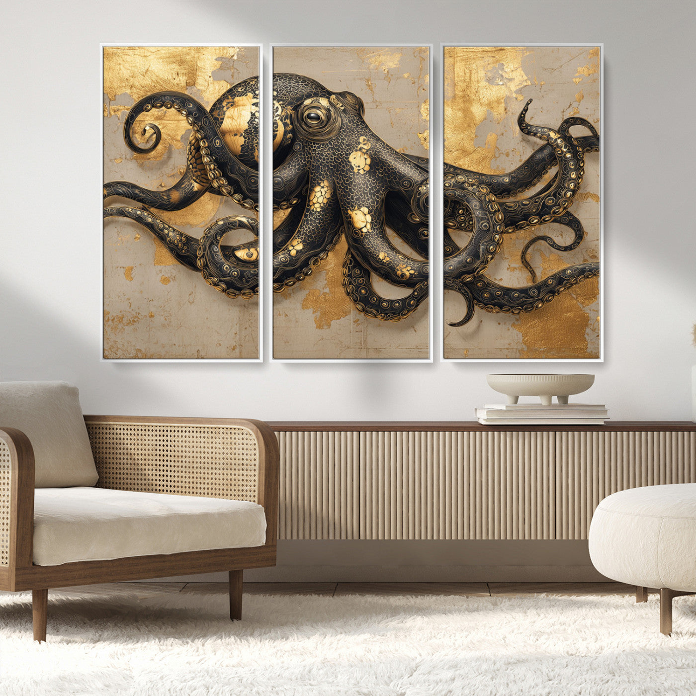 57944271-MGV-FC-48X32-3P_White-Octopus Wall Art – Black and Gold Nautical Canvas Print, Modern Ocean Inspired Artwork with Elegant Detailing, Coastal Marine