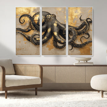 57944271-MGV-FC-48X32-3P_White-Octopus Wall Art – Black and Gold Nautical Canvas Print, Modern Ocean Inspired Artwork with Elegant Detailing, Coastal Marine