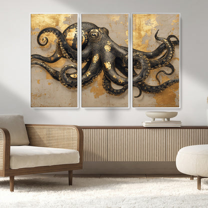 57944271-MGV-FC-48X32-3P_White-Octopus Wall Art – Black and Gold Nautical Canvas Print, Modern Ocean Inspired Artwork with Elegant Detailing, Coastal Marine