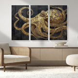 47056538-MGV-CV-36X24-Octopus Canvas Wall Art – Gold Detail, Wooden Texture, Marine Life, Ocean Creature Tentacles, Nautical Coastal Rustic Decor for