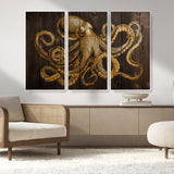 56769669-MGV-FC-48X32-3P_White-Octopus Wall Art – Gold Nautical Canvas Print with Rustic Wood Panel Design, Detailed Marine Artwork for Coastal Ocean Decoration