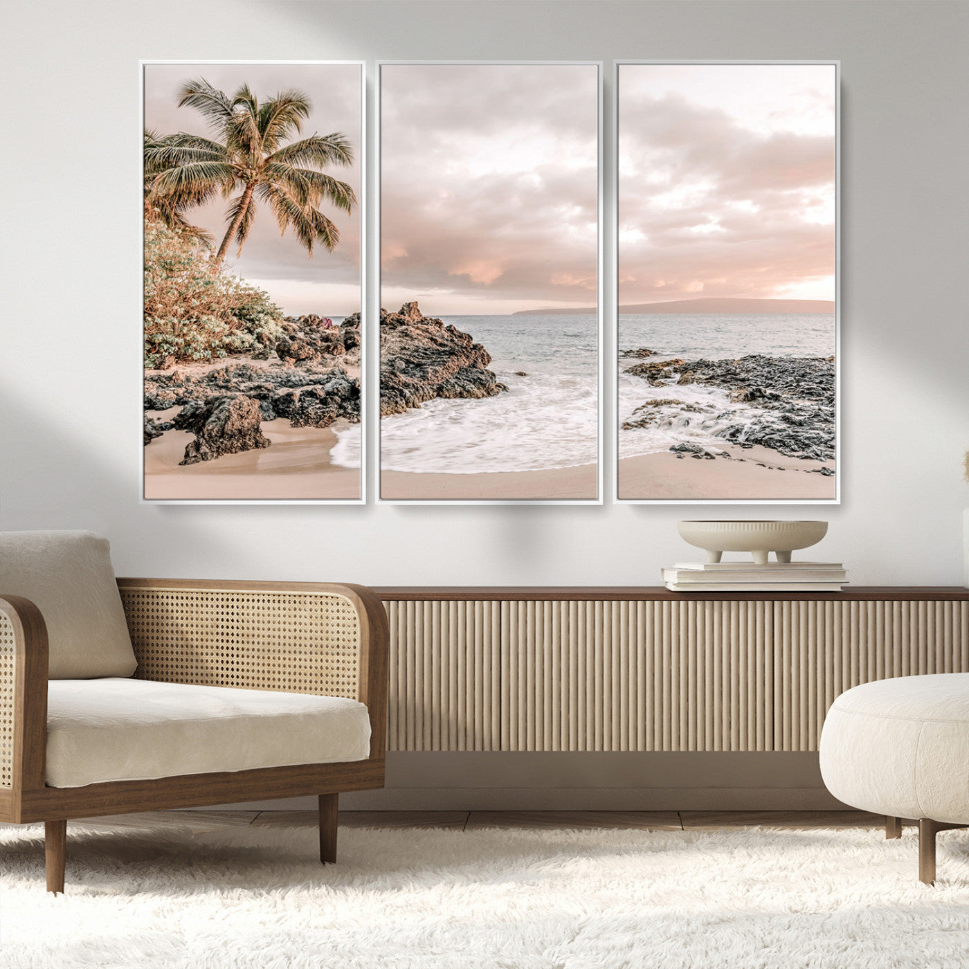 18005328-MGV-CV-36X24-Tropical Beach Wall Art – Coastal Ocean Canvas Print with Palm Tree, Sunset Sky and Rocky Shore, Serene Seascape Photography for