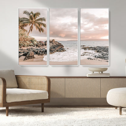 18005328-MGV-CV-36X24-Tropical Beach Wall Art – Coastal Ocean Canvas Print with Palm Tree, Sunset Sky and Rocky Shore, Serene Seascape Photography for