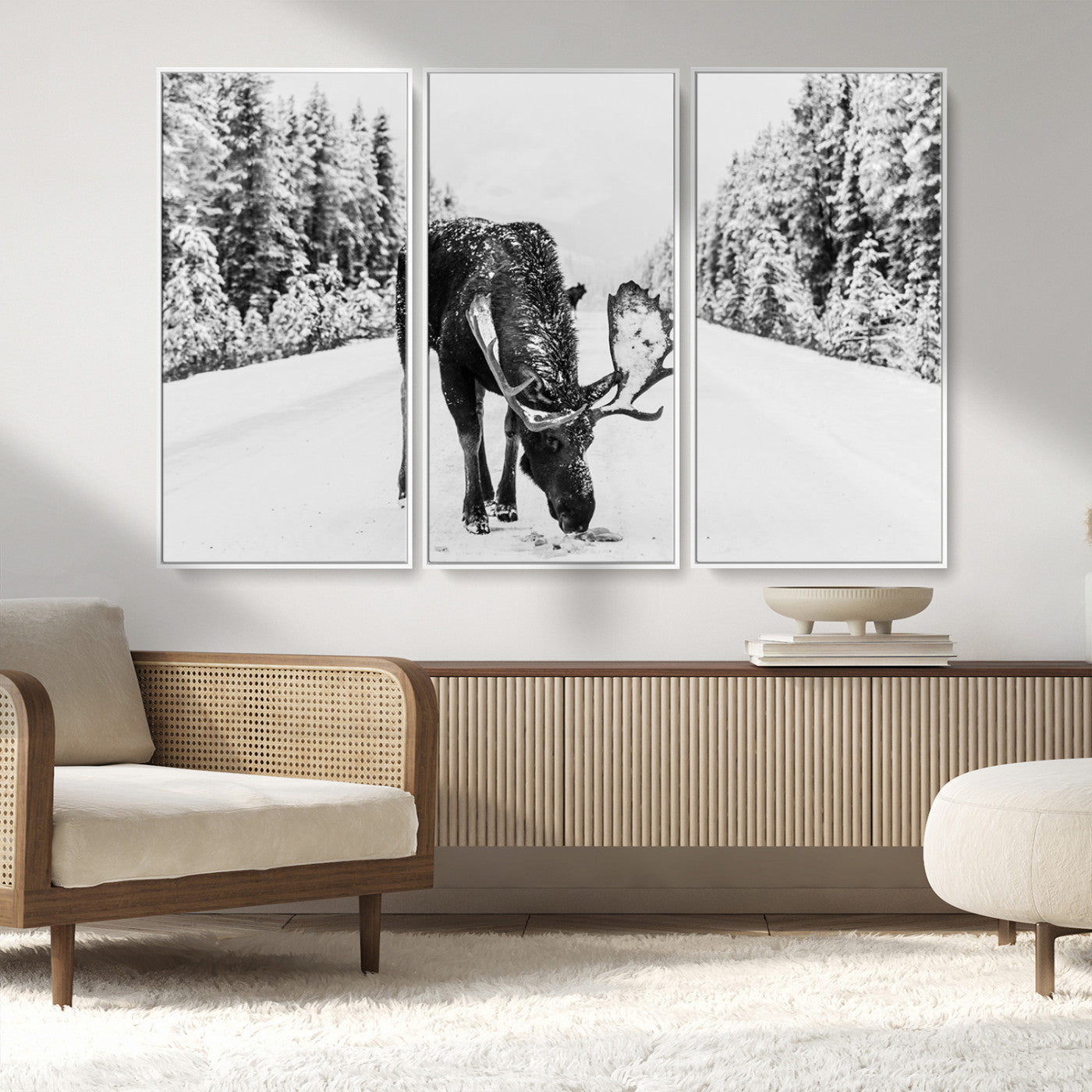 38956835-MGV-CV-36X24-Moose Wall Art – Black and White Wildlife Canvas Print with Snowy Forest Road, Rustic Nature Photography for Cabin, Lodge, Living