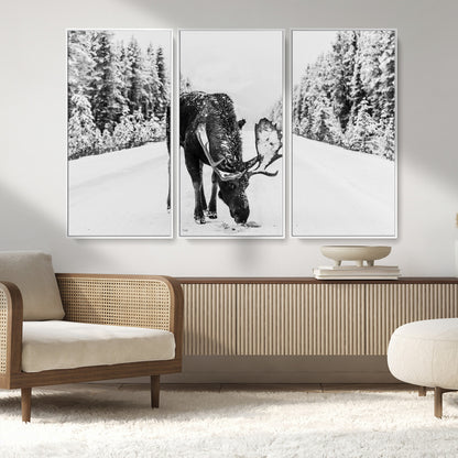 38956835-MGV-CV-36X24-Moose Wall Art – Black and White Wildlife Canvas Print with Snowy Forest Road, Rustic Nature Photography for Cabin, Lodge, Living