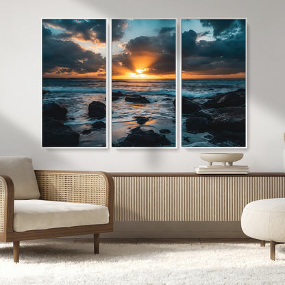 66040852-MGV-CV-36X24-Ocean Sunset Canvas Wall Art – Rocky Shore Waves, Dramatic Clouds, Golden Sun Rays, Coastal Nature, Serene Water Reflection for