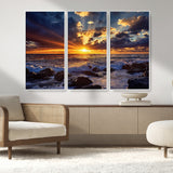 35900590-MGV-CV-36X24-Sunset Ocean Waves Canvas Wall Art – Rocky Shore, Dramatic Sky, Golden Sun Rays, Coastal Beauty, Serene Water Motion for Living
