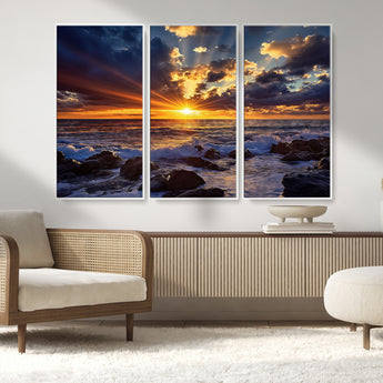 35900590-MGV-CV-36X24-Sunset Ocean Waves Canvas Wall Art – Rocky Shore, Dramatic Sky, Golden Sun Rays, Coastal Beauty, Serene Water Motion for Living