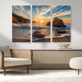 85659923-MGV-CV-36X24-Rocky Ocean Sunset Canvas Wall Art – Seaside Dramatic Seascape Print, Coastal Modern Decor, Ocean Sunset Art for Living Room or