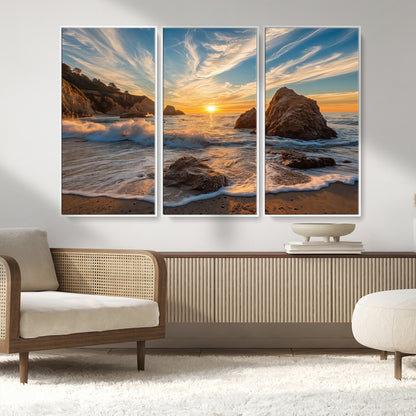 85659923-MGV-CV-36X24-Ocean Sunset Wall Art – Dramatic Seascape Canvas Print with Cliffs, Crashing Waves and Golden Sky, Bold Coastal Photography for