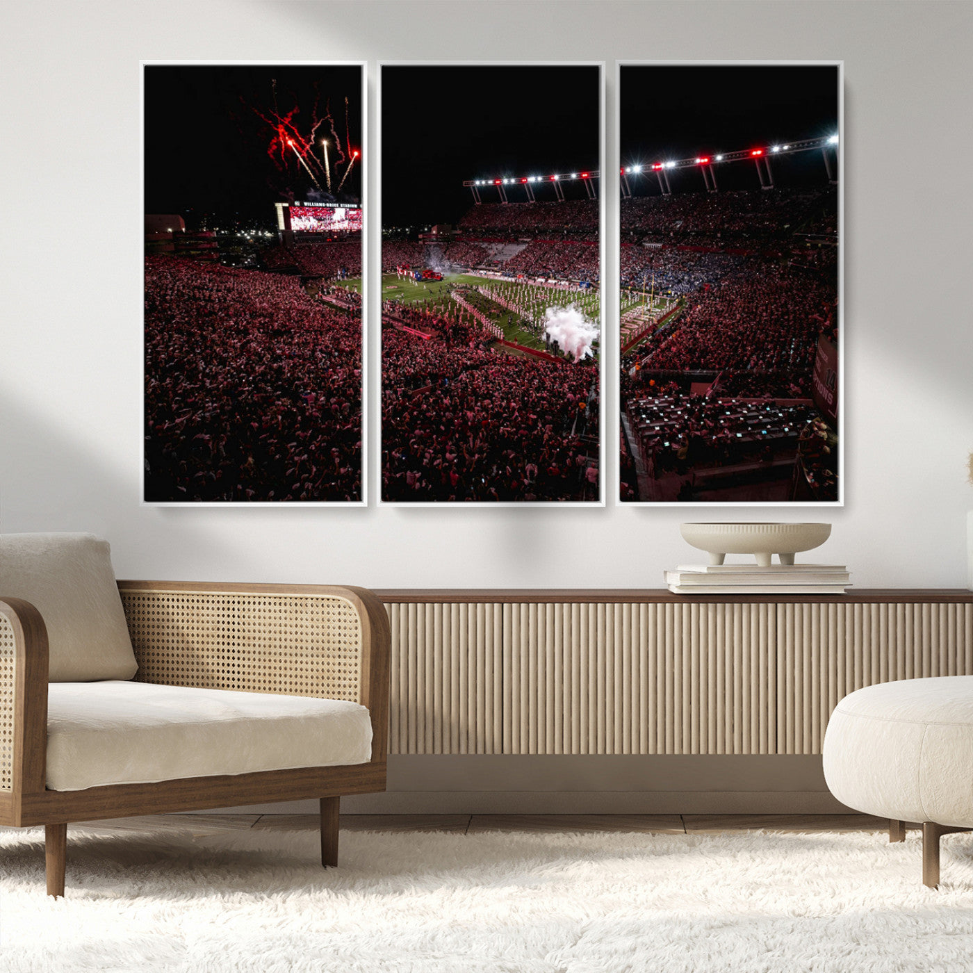 60690191-MGV-FC-48X32-3P_White-Stadium Wall Art – Night Game Football Canvas Print with Fireworks, Marching Band and Crowd, Panoramic Sports Photography for Man