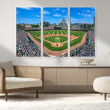56213978-MGV-CV-36X24-Baseball Stadium Wall Art – Panoramic Ballpark Canvas Print with Fans, Green Field and City Skyline, Classic Sports Photography