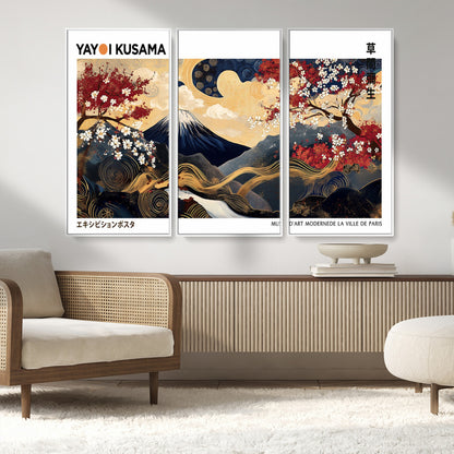28945903-MGV-CV-36X24-Yayoi Kusama Inspired Japanese Art Canvas Print – Framed Floral & Mt. Fuji Wall Decor, Modern Asian Style Canvas for Home, Office,