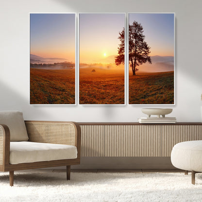 57919623-MGV-CV-36X24-Golden Sunrise Landscape Canvas Wall Art - Framed Misty Field Print, Large Nature Canvas for Living Room, Office, or Home Decor