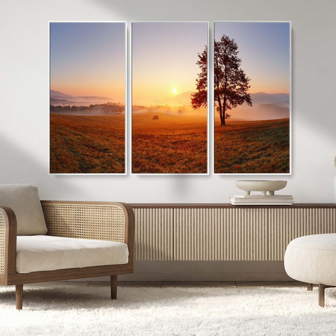 57919623-MGV-CV-36X24-Sunrise Landscape Wall Art – Golden Morning Canvas Print with Tree, Misty Hills and Open Field, Peaceful Nature Photography for