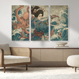 52037775-MGV-CV-36X24-Tsukioka Yoshitoshi Samurai Wall Art Print, Japanese Katana Warrior Canvas Wall Art, Octopus Sea Monster Canvas Print,