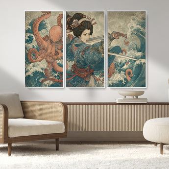 52037775-MGV-CV-36X24-Tsukioka Yoshitoshi Samurai Wall Art Print, Japanese Katana Warrior Canvas Wall Art, Octopus Sea Monster Canvas Print,