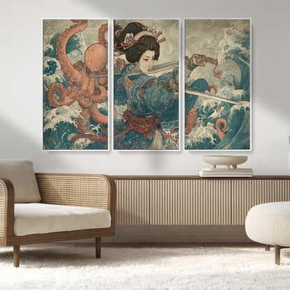52037775-MGV-CV-36X24-Tsukioka Yoshitoshi Samurai Wall Art Print, Japanese Katana Warrior Canvas Wall Art, Octopus Sea Monster Canvas Print,